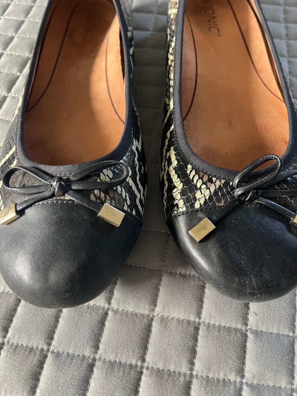 Vionic Black and Cream Snake-Print Ballet Flats - Picture 7 of 8